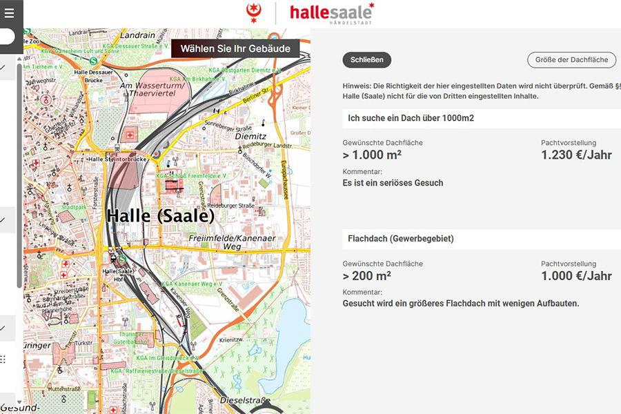Ansicht der digitalen Solardachbörse