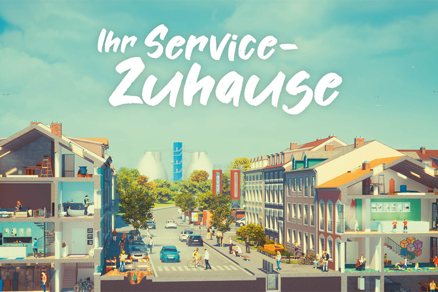 Zeichnung einer Straße mit quer angeschnittenen Häusern links und rechts.