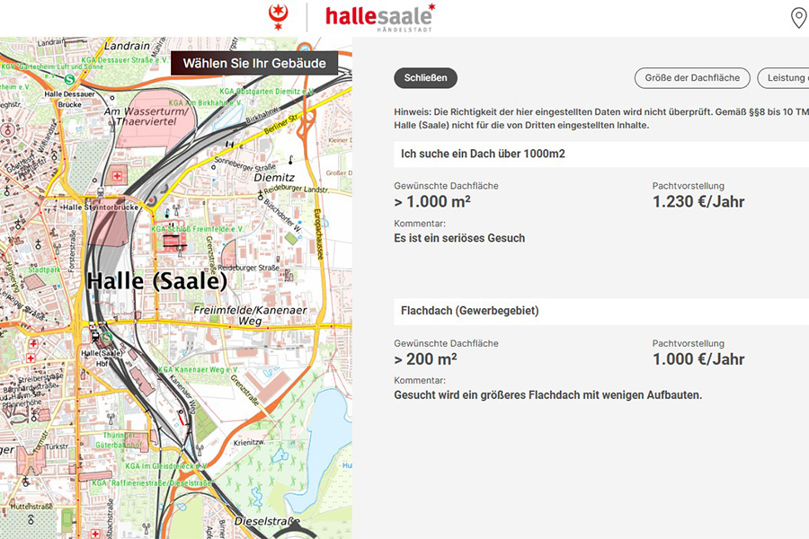 Screenshot eines Angebotes auf der Solardachbörse.
