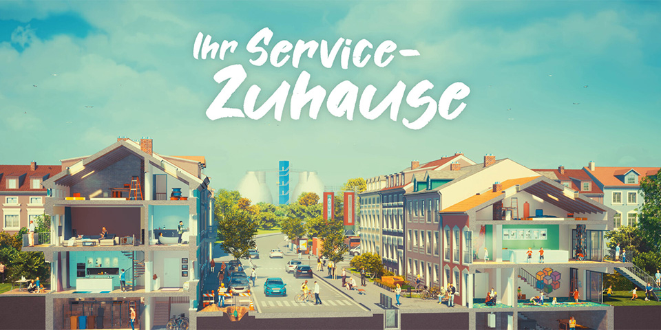 Zeichnung einer Straße mit quer angeschnittenen Häusern links und rechts.